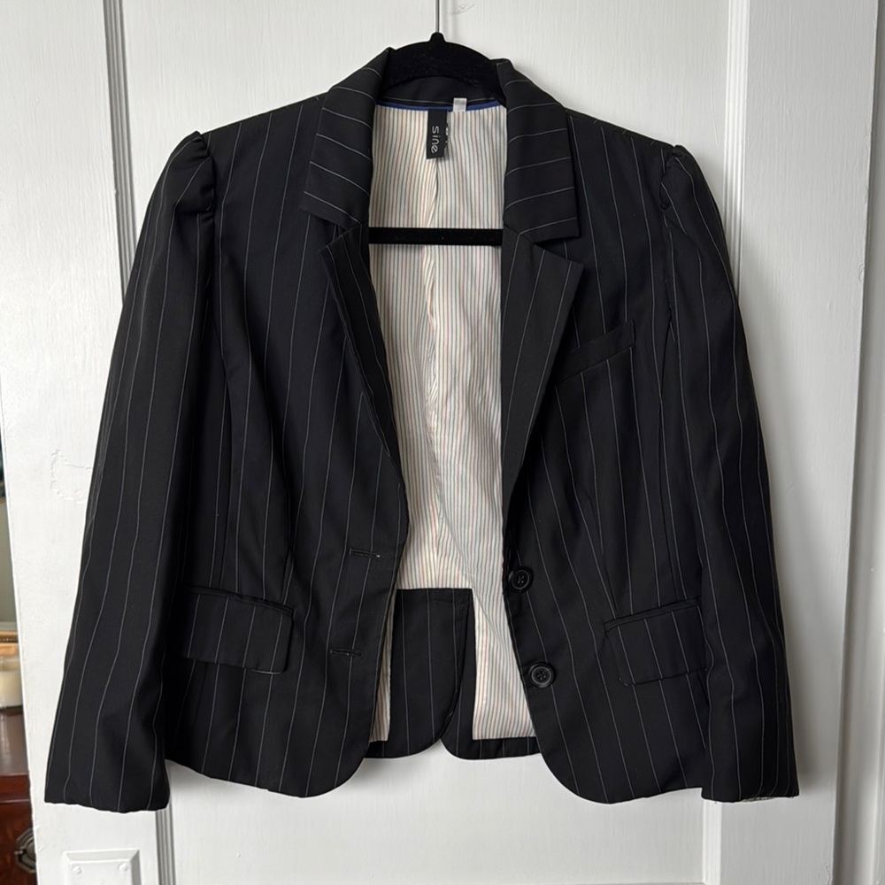 Anthropologie Black Pinstripe Wool Blend Blazer